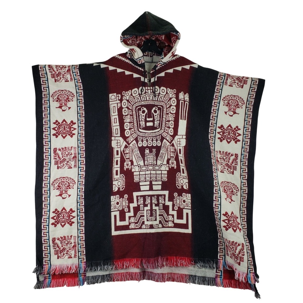 Aztec Inca Hoodie Poncho Women OS Red Black Hooded Boho Tribal Fringe Cape